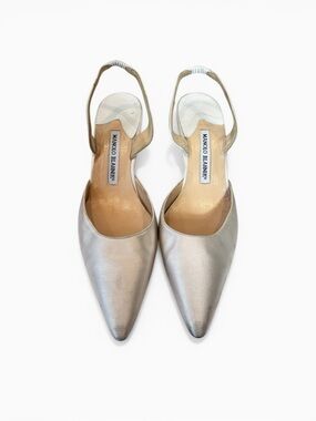 Manolo Blahnik Satin White Pointed Slingback Flats